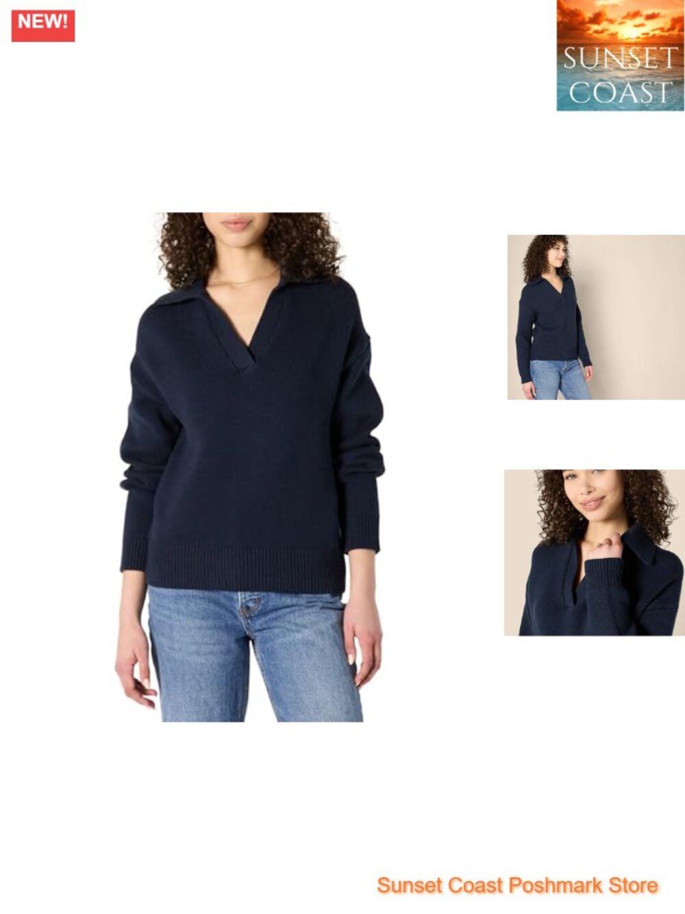 Women's Midweight Cotton Polo Sweater Long Sleeve V-Neck Collared Pullover
